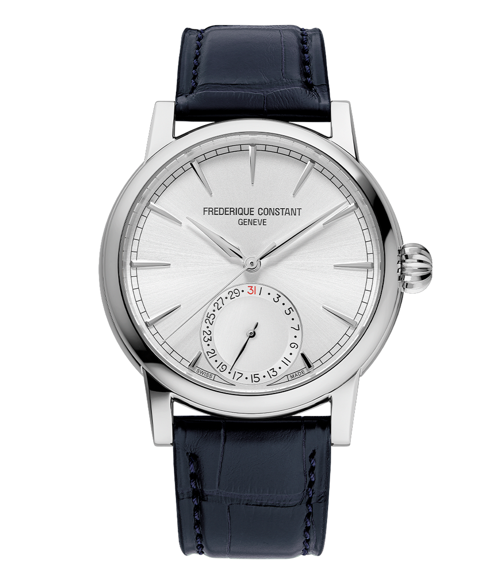 Frederique Constant Manufacture Classic Date watch with silver dial blue leather strap and date subdial