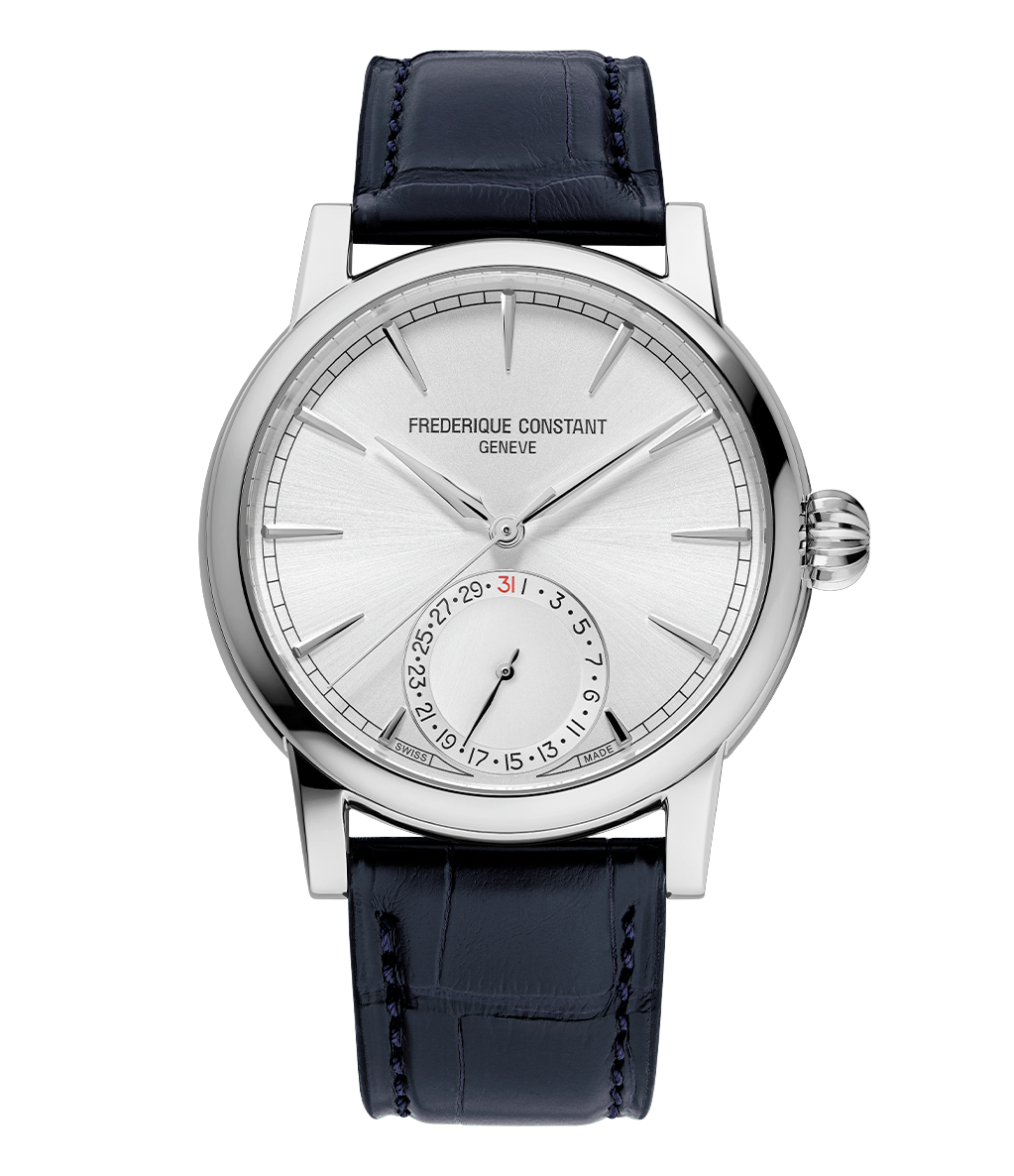 Frederique Constant Manufacture Classic Date watch with silver dial blue leather strap and date subdial