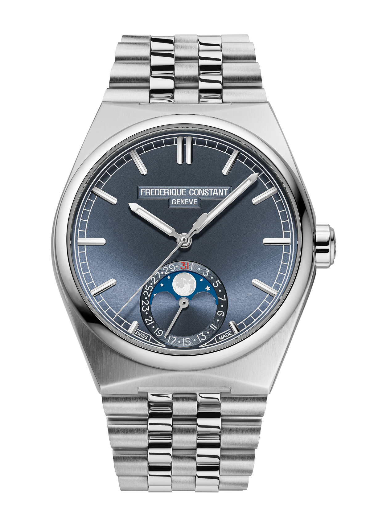 Frederique Constant Manufacture Highlife Moonphase Date watch with blue dial moonphase and date display on stainless steel bracelet