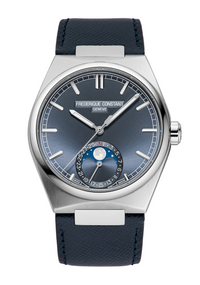 Frederique Constant Manufacture Highlife Moonphase Date watch with blue dial moonphase and date display and black leather strap