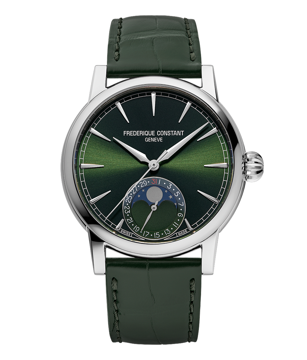 Frederique Constant Manufacture Classic Moonphase Date watch with green dial moonphase display and green leather strap