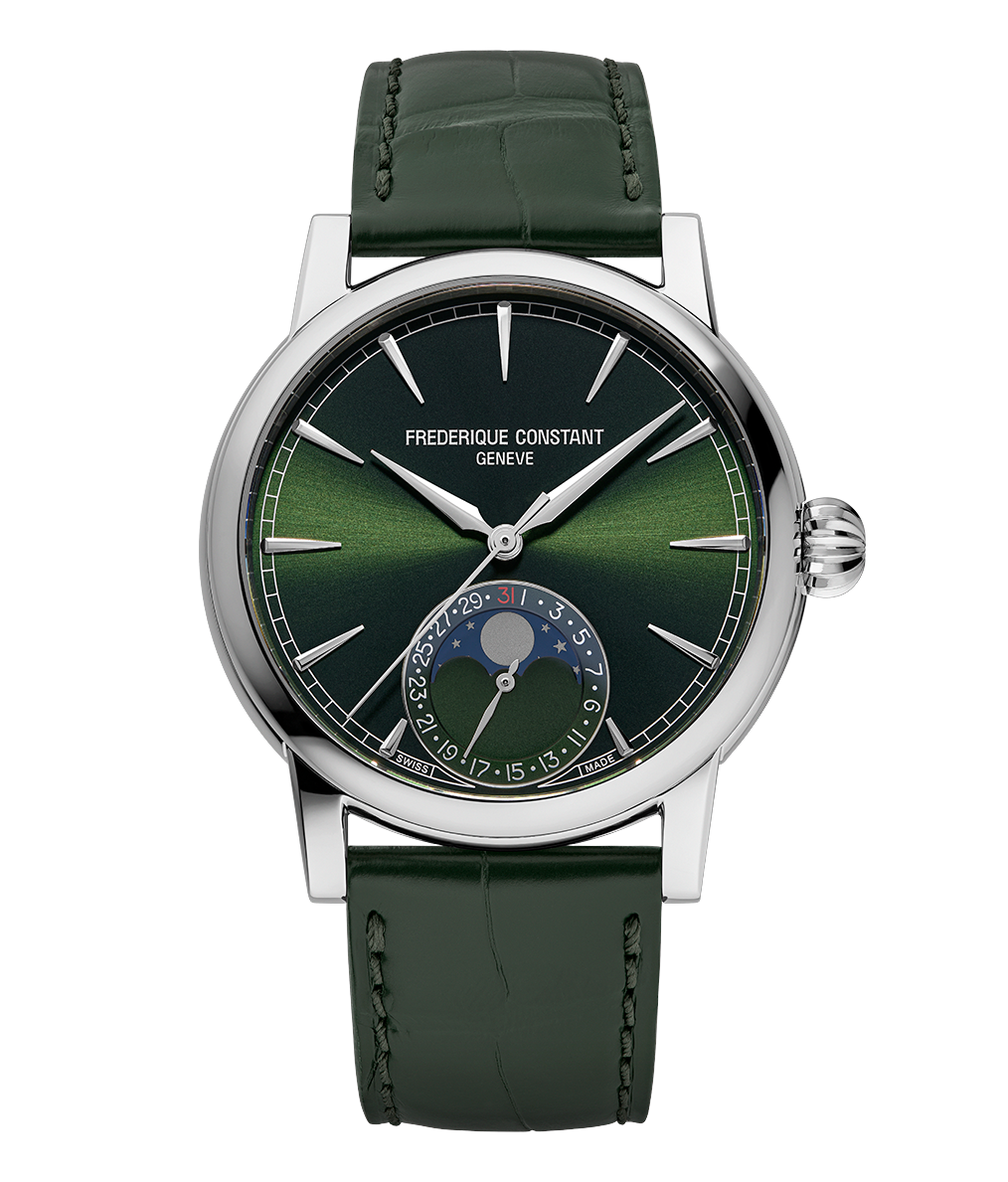 Frederique Constant Manufacture Classic Moonphase Date watch with green dial moonphase display and green leather strap