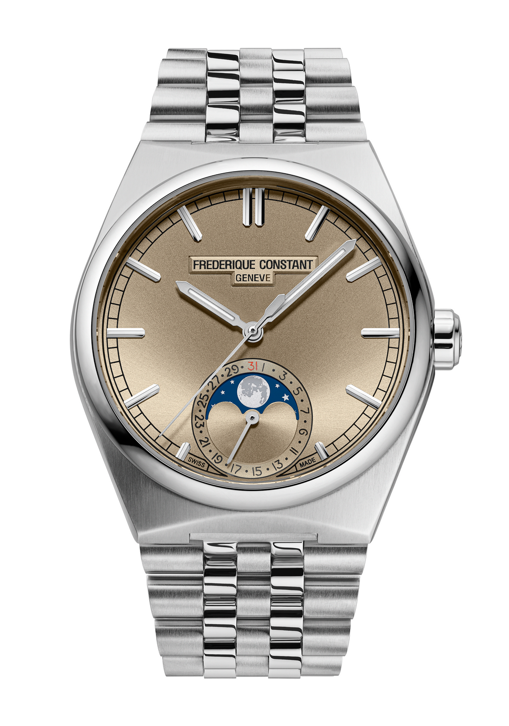 Frederique Constant Manufacture Highlife Moonphase Date watch with silver tone bracelet beige dial moonphase and date display