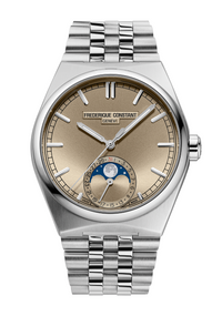Frederique Constant Manufacture Highlife Moonphase Date watch with silver tone bracelet beige dial moonphase and date display