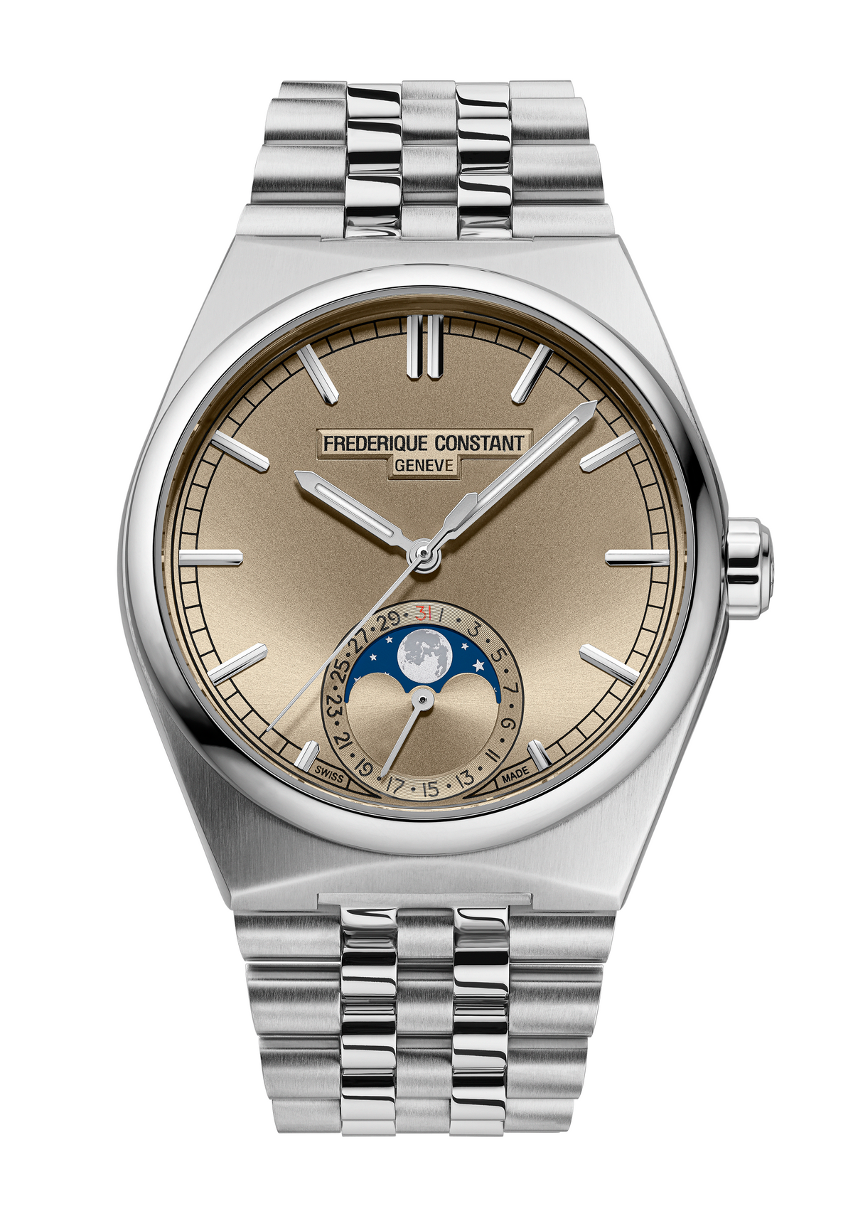 Frederique Constant Manufacture Highlife Moonphase Date watch with silver tone bracelet beige dial moonphase and date display