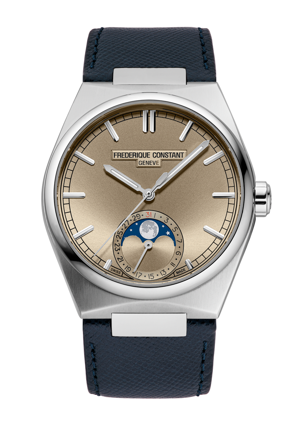 Frederique Constant Manufacture Highlife Moonphase Date watch with silver tone case, blue leather strap, date and moonphase display