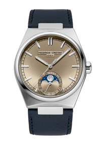 Frederique Constant Manufacture Highlife Moonphase Date watch with silver tone case, blue leather strap, date and moonphase display