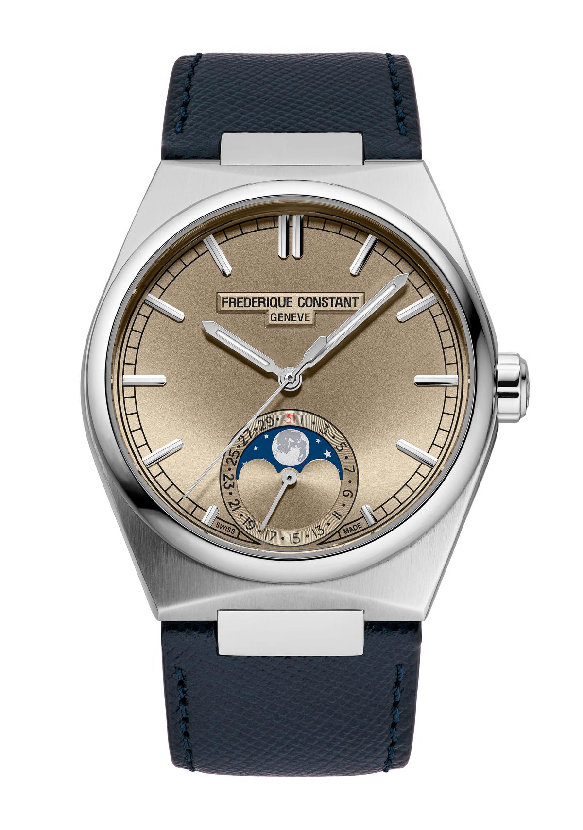 Frederique Constant Manufacture Highlife Moonphase Date watch with silver tone case, blue leather strap, date and moonphase display