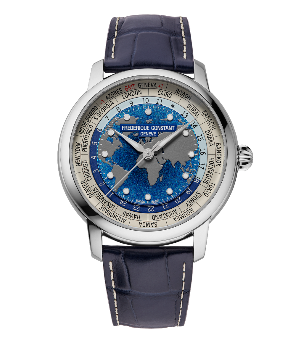 Frederique Constant Manufacture Classic World Timer watch with blue leather strap silver case and world map dial