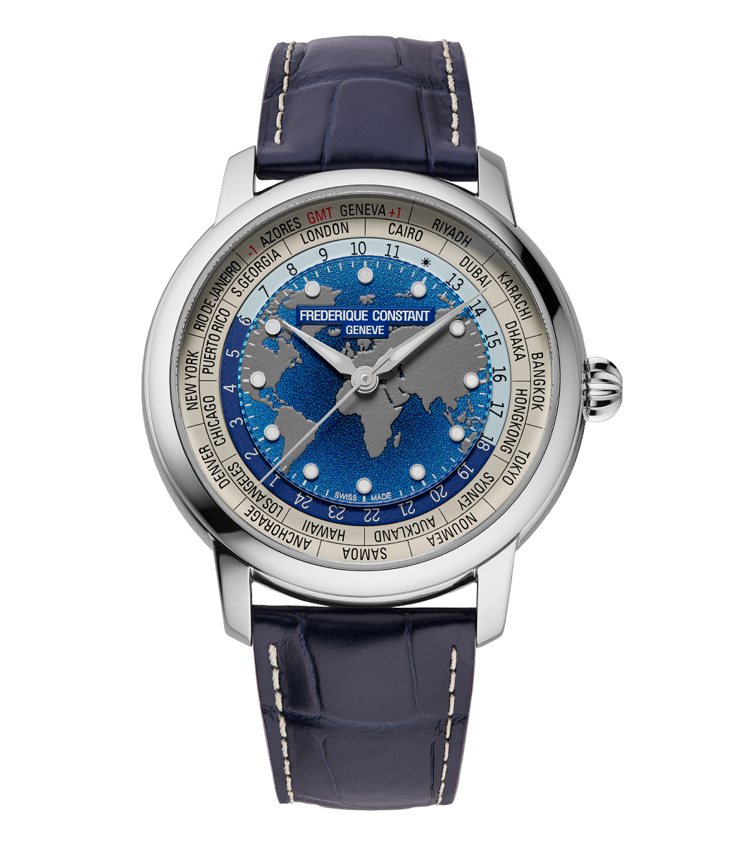 Frederique Constant Manufacture Classic World Timer watch with blue leather strap silver case and world map dial