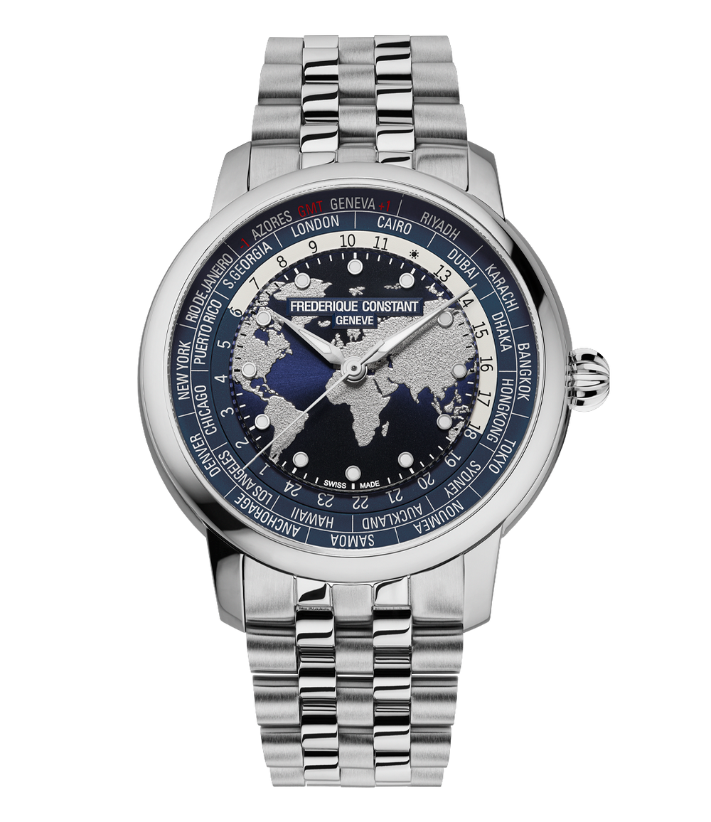 Frederique Constant Manufacture Classic World Timer watch with stainless steel bracelet blue world map dial and city ring