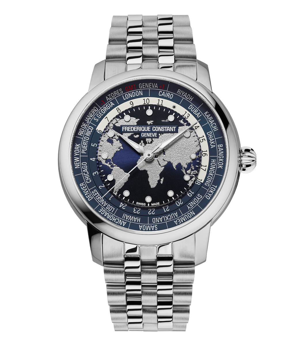 Frederique Constant Manufacture Classic World Timer watch with stainless steel bracelet blue world map dial and city ring