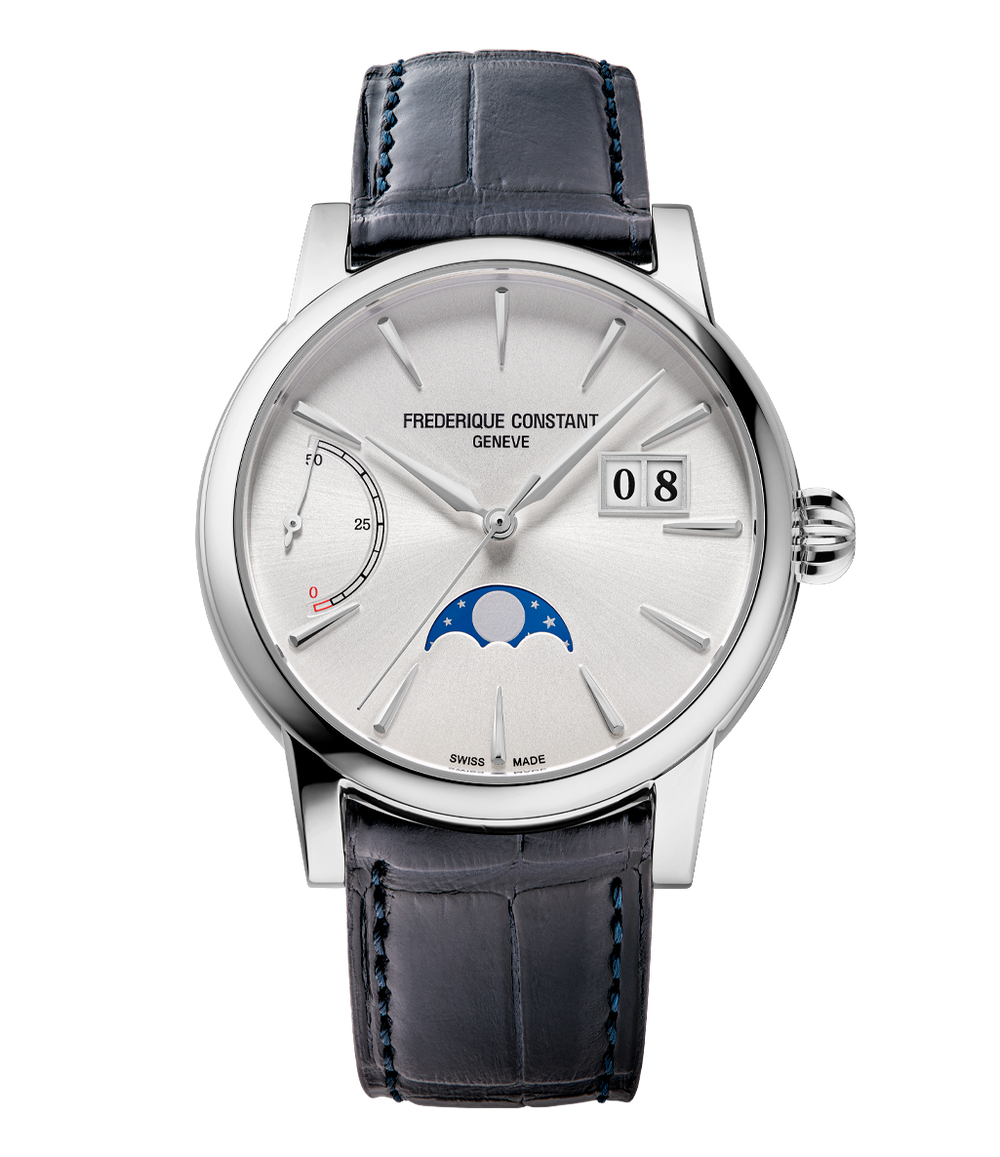 Frederique Constant Manufacture Classic Power Reserve Big Date watch with silver dial blue leather strap moonphase and power reserve display