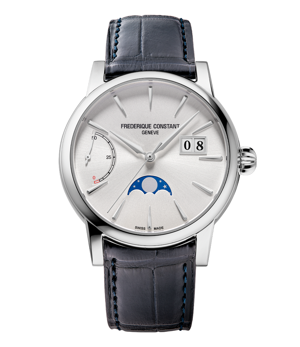 Frederique Constant Manufacture Classic Power Reserve Big Date watch with silver dial blue leather strap moonphase and power reserve display