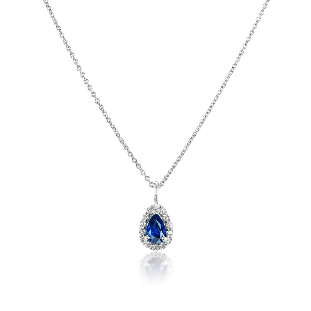 Pear Shape Sapphire and Diamond Halo Pendant