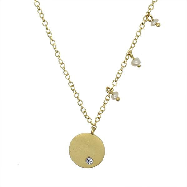 Brushed Gold Disc Necklace with Pearl Accents