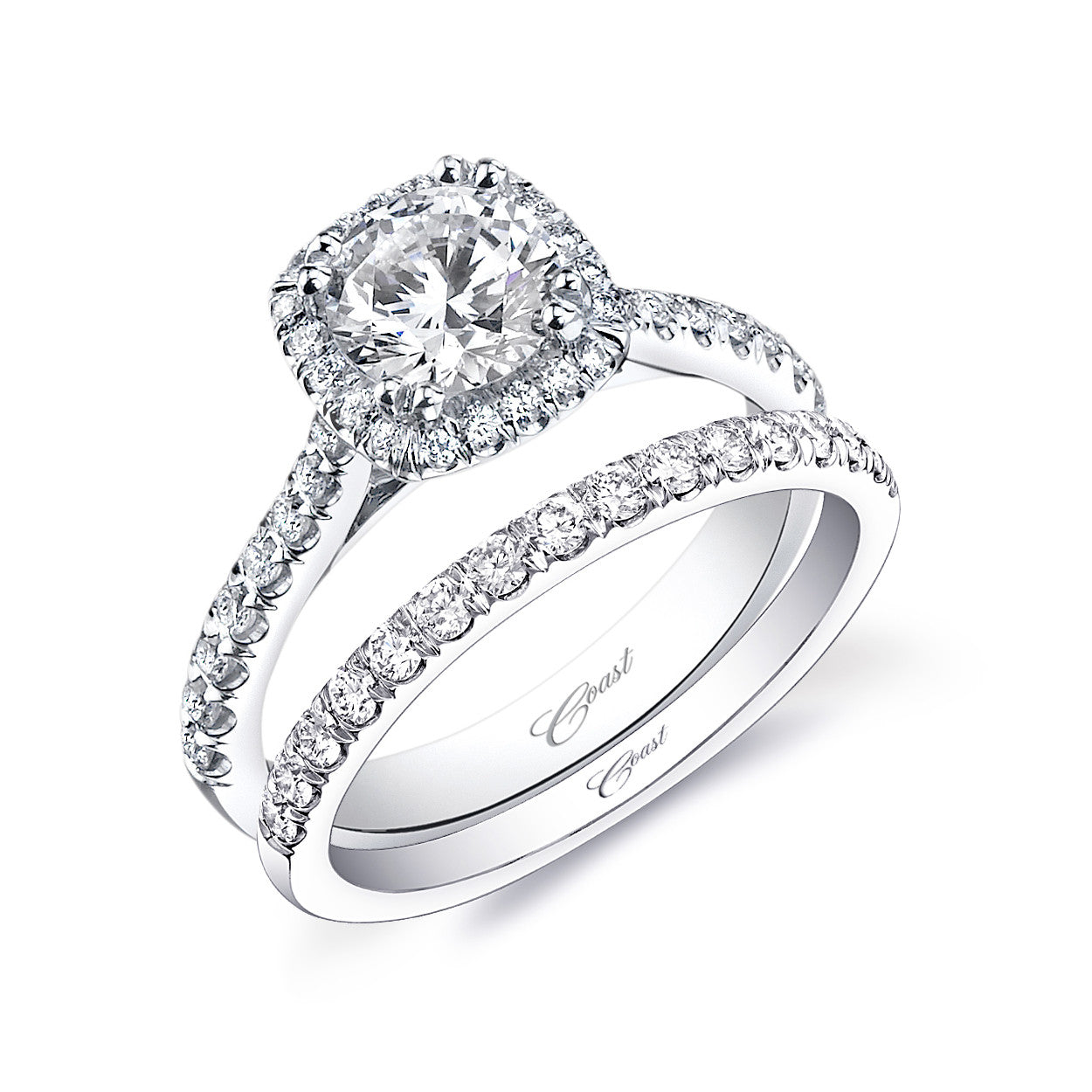 14K White Gold 3 Stone Princess Halo Engagement Ring - 39910778