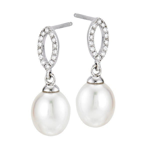 White Gold, Cultured Pearls and Diamond Drop Earrings