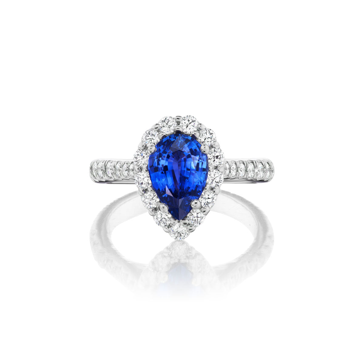 Barmakian Pear Shape Sapphire and Diamond Halo Ring