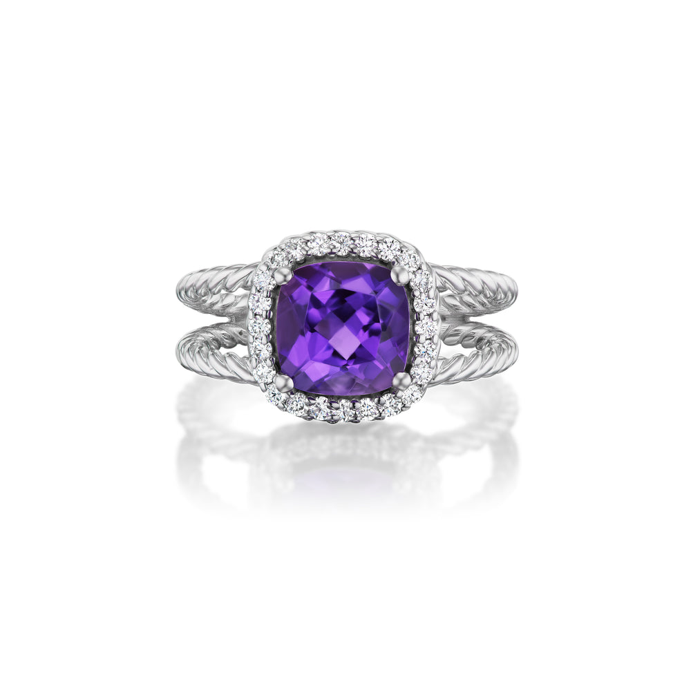 Amethyst and Diamond Halo Ring